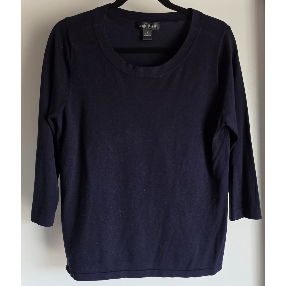 August Silk Womens Sweater Size L Navy Blue Solid Round Neck Long Sleeve Knit